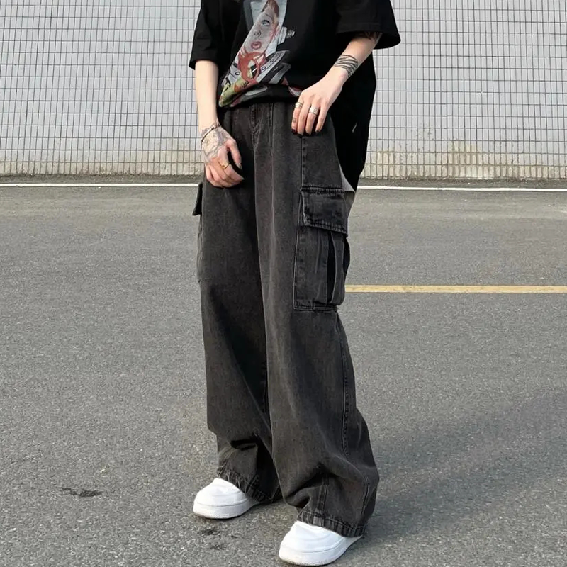 Streetwear Vintage Cargo Jeans Women Big Pocket Wide Leg Jeans Hip Hop Plus Size 80kg Denim Pants Man Blue Black Baggy Trousers