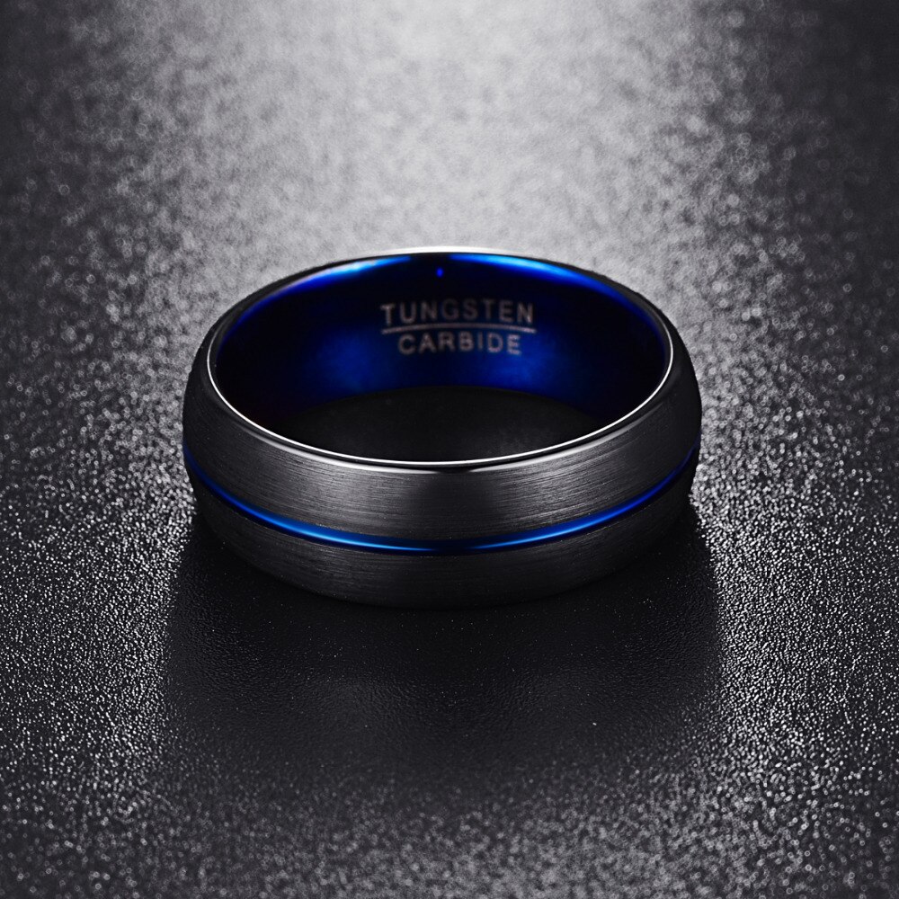 Nuncad Men's 8mm Blue Plated Tungsten Carbide Wedding Band Ring Matte Finish Grooved Size 7 to 12
