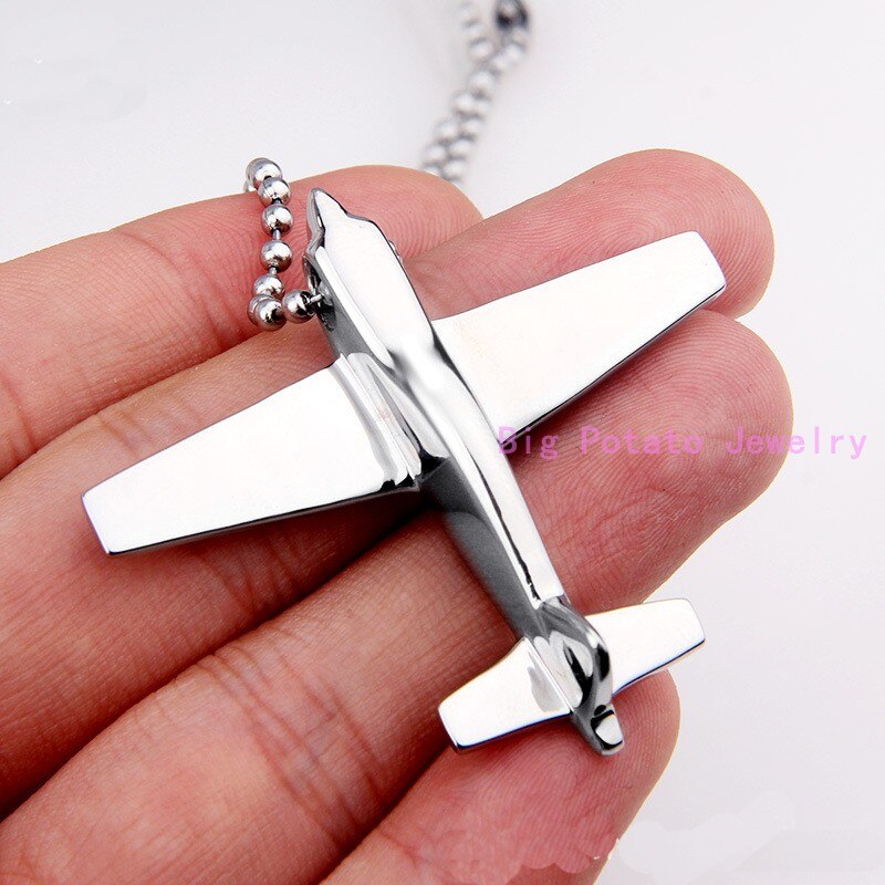 Top Stainless Steel Silver Color Plane Model Aircraft Pendant Necklace Men's Jewelry With Tone Free Chain