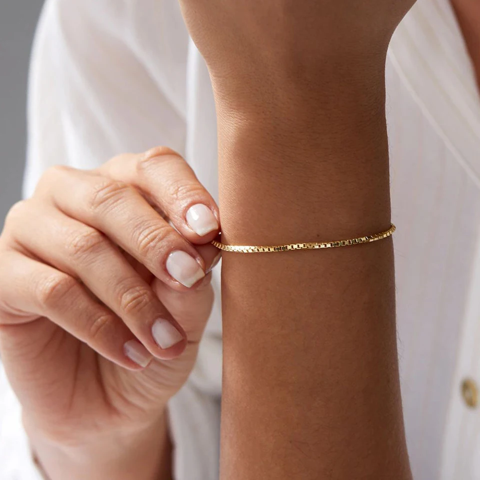 SUNIBI 2MM Einfache Kasten Kette Armbänder für Frauen Gold Farbe Edelstahl Klassische Armbinde Minimalismus Schmuck