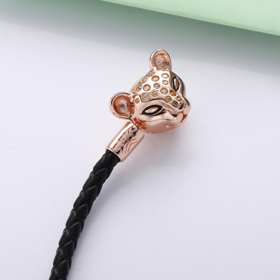 16-44cm 925 Sterling Silver Bracelet Black Leather With Rose Lioness Clasp Bracelets Bangle Fit Bead Charm Fine Diy Jewelry