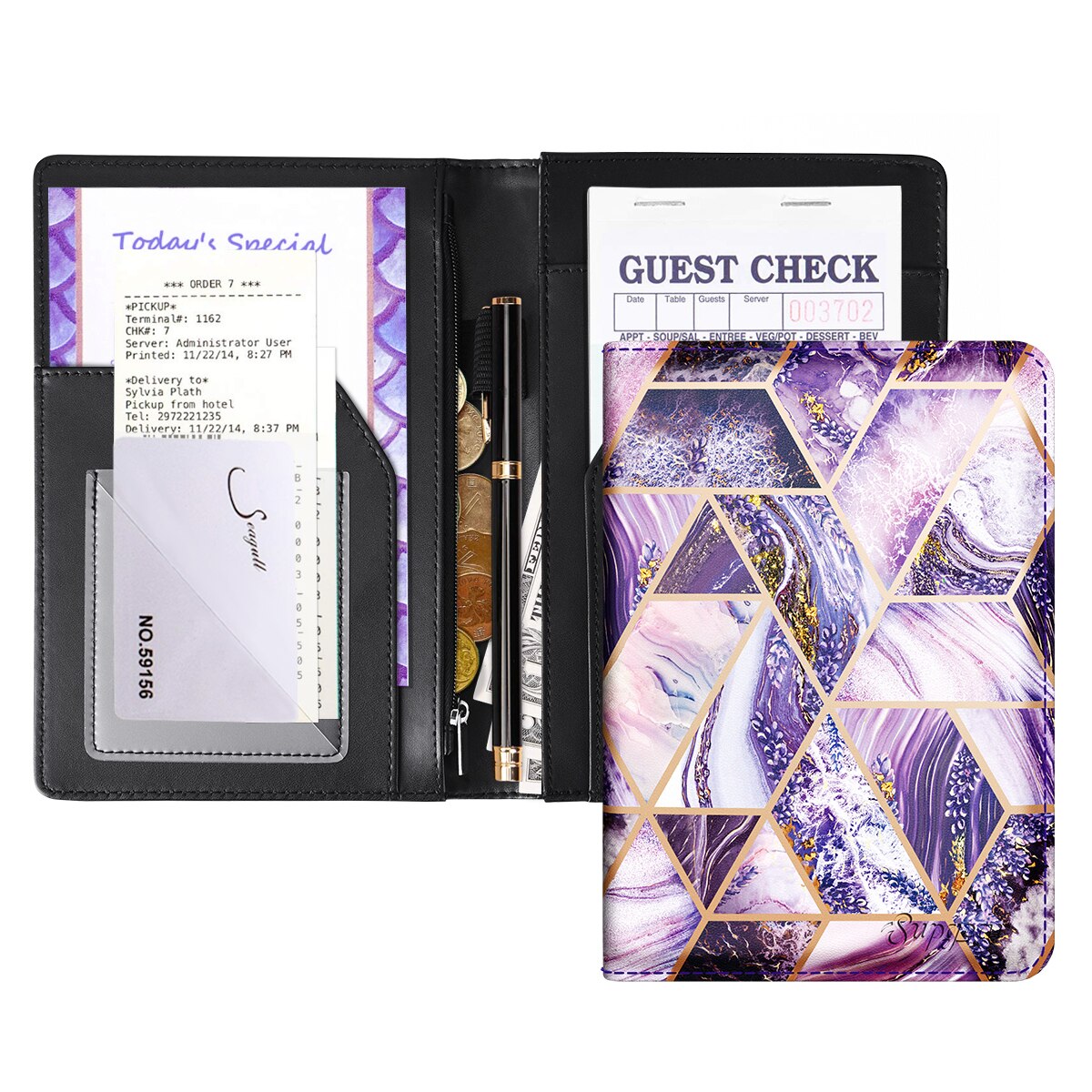 Server Book for Waitress Waiter Marble Pouch with Pen Holder check folder restaurant hotel coffee shop checkbook Pocket holder