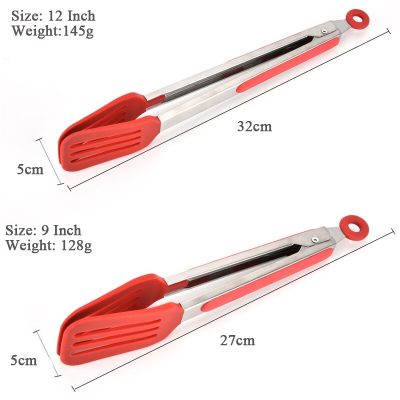 9/12 Inch Cooking Tongs Steak Clip Stainless Steel Handle Kitchen Silicone Bread Serving Tongs Heat Resistant BBQ Grill Tongs