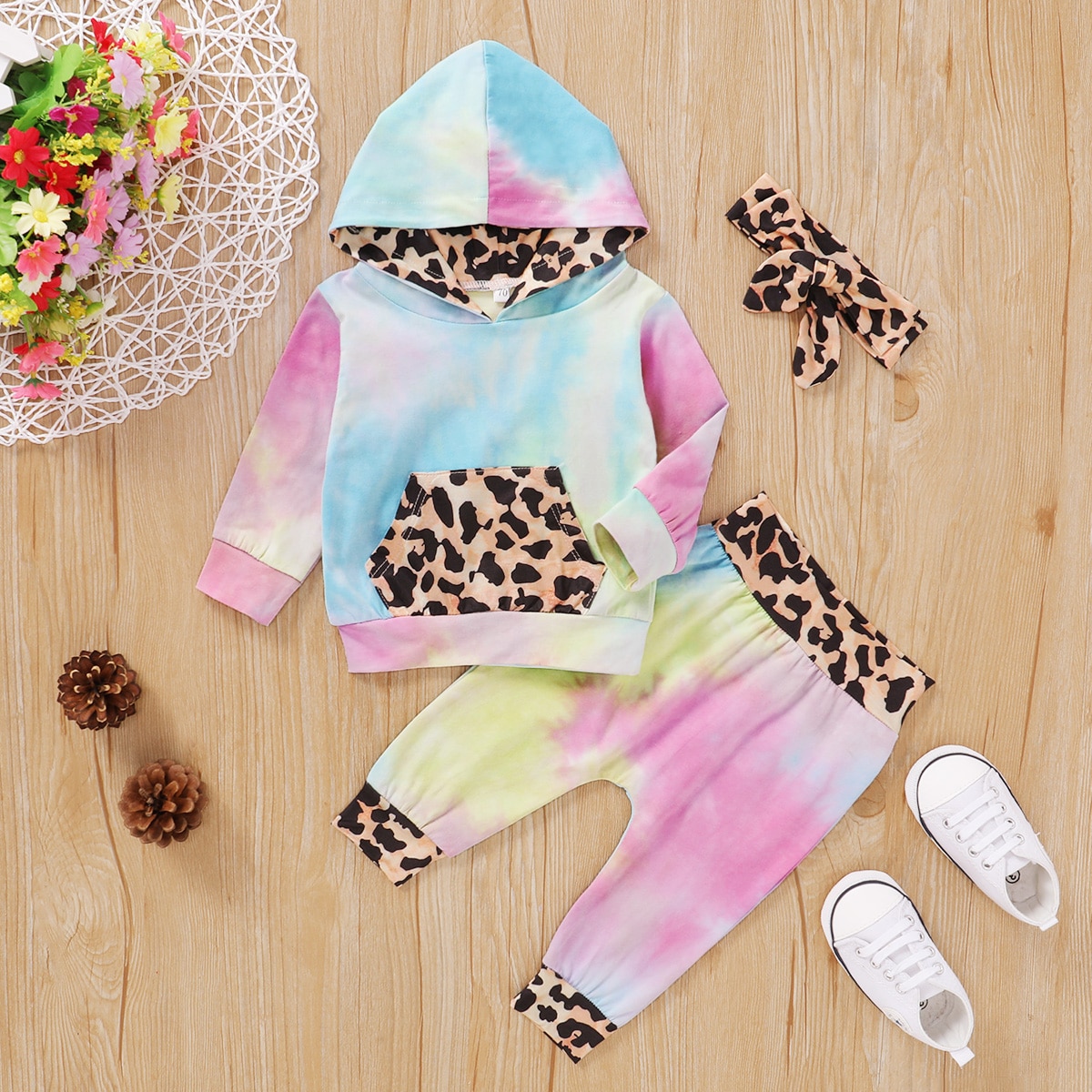 FOCUSNORM Autumn Winter Kids Girls Boys Clothes Sets Tie Dye Leopard Print Hooded Long Sleeve Tops Pants