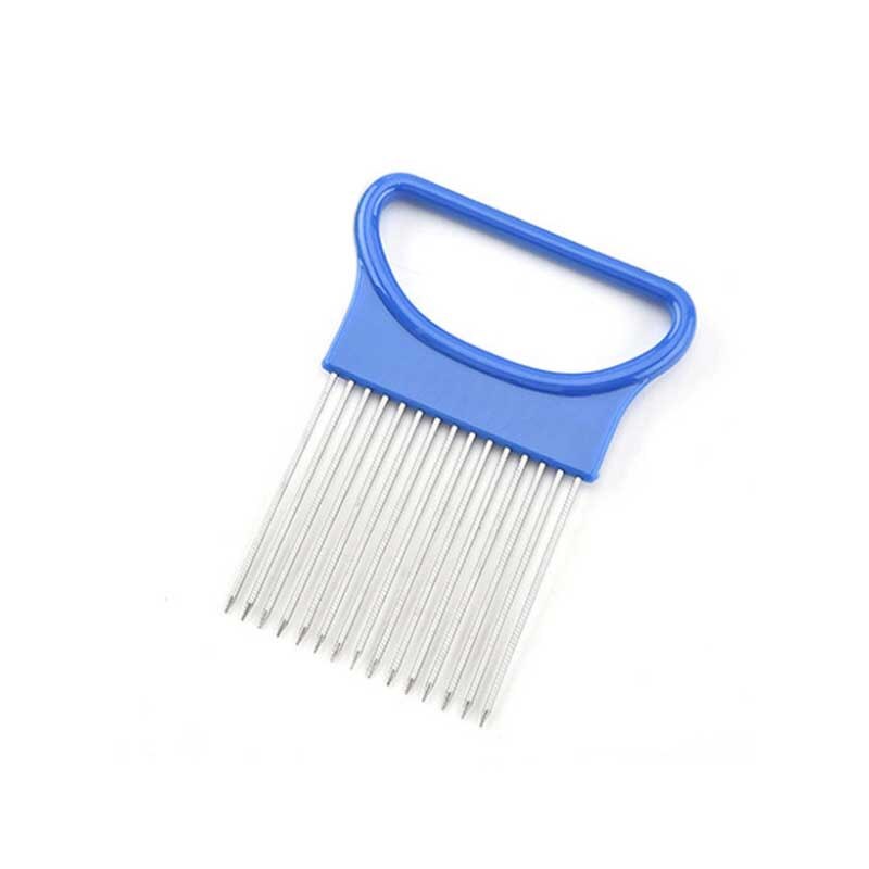 Tenedor de cocina de soporte para corte fácil de cebolla, rebanador de verduras de plástico de acero inoxidable, cortador de tomate, dispositivos con agujas para carne, herramientas de carne 10: Azul