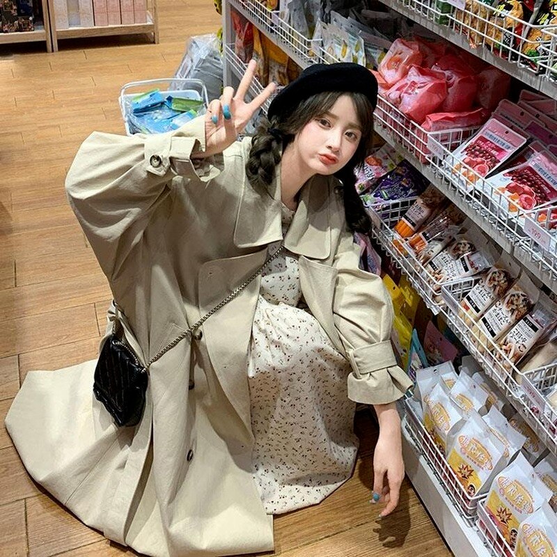 Gabardina larga de color caqui para mujer, abrigos encantadores con botones y doble botonadura, prendas de vestir de estilo japonés británico, Chic que combina con todo para primavera