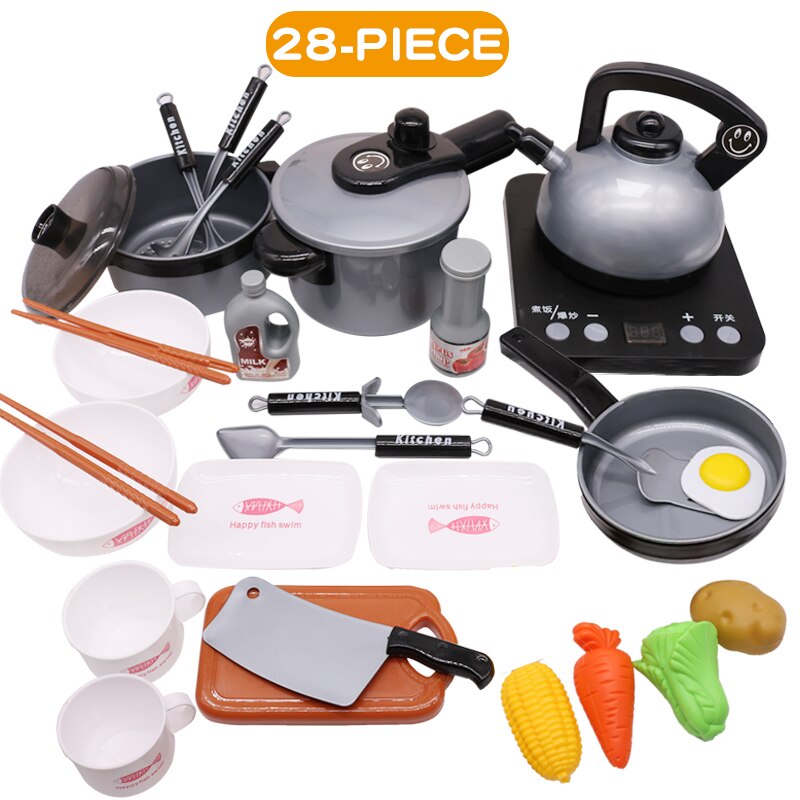 Bambini In Miniatura Cucina Giocattolo Set Giochi Di Imitazione Simulazione Cibo Pentolame E Utensili Per Cucinare Pentola Padella di Cottura Utensili della Casa del Gioco Giocattolo Per Bambini Regalo: 28PCS Grey