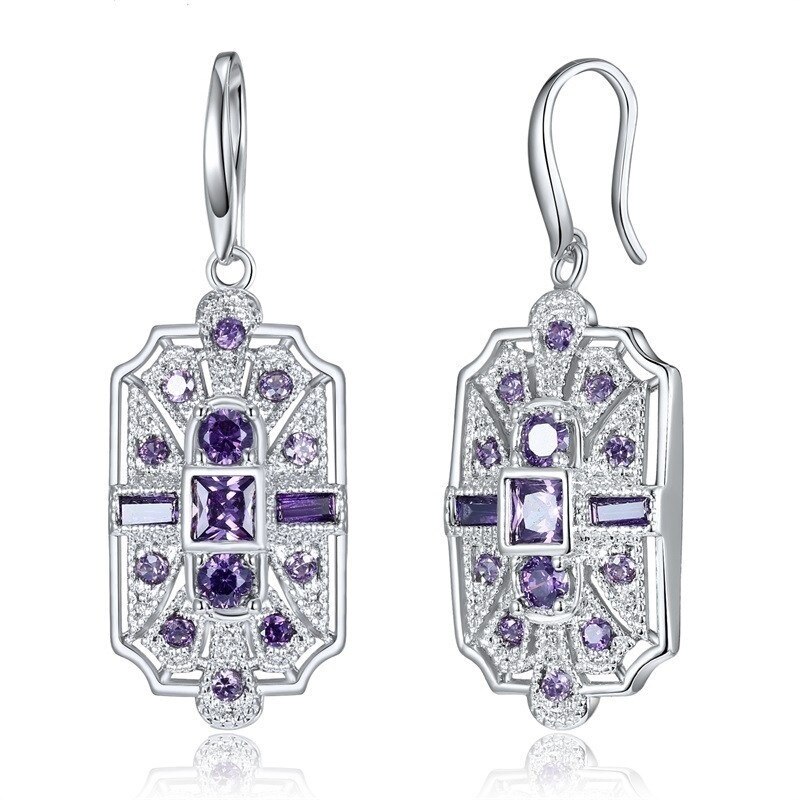 Art Deco Blue Stone Dangle Earrings Hook Earring CZ Women Charm Bridal Engagement Wedding Jewelry: Purple