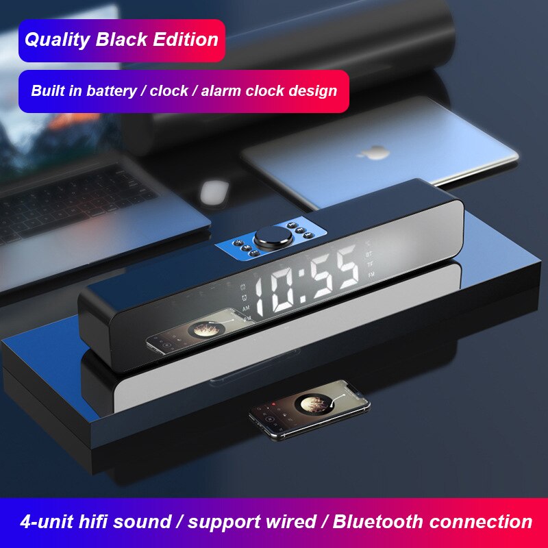 LED TV réveil Portable sans fil Bluetooth haut-parleur colonne stéréo basse barre de son FM Radio USB Subwoofer pour ordinateur TV téléphone: black clock