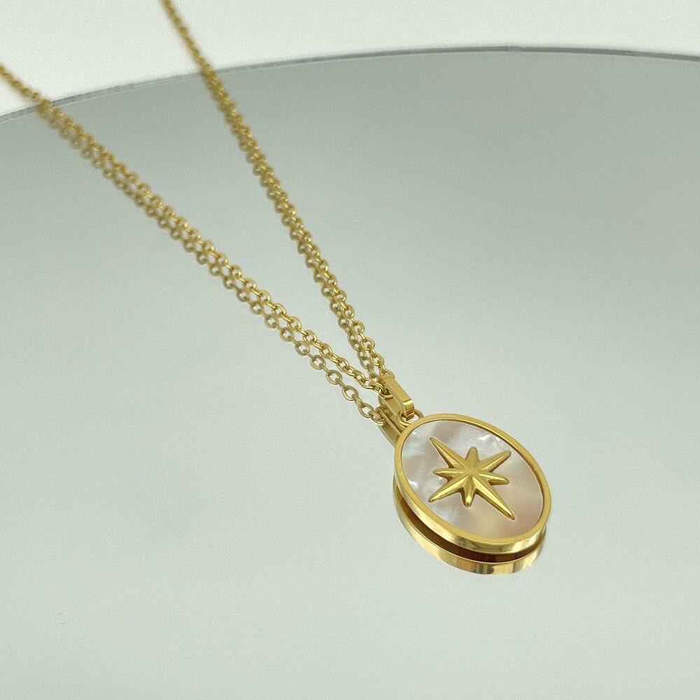 Natural Shell Star Necklace Mother of Pearl Oval Pendant Necklace for Women Minimalist Collars Stainless Steel Jewelry: A