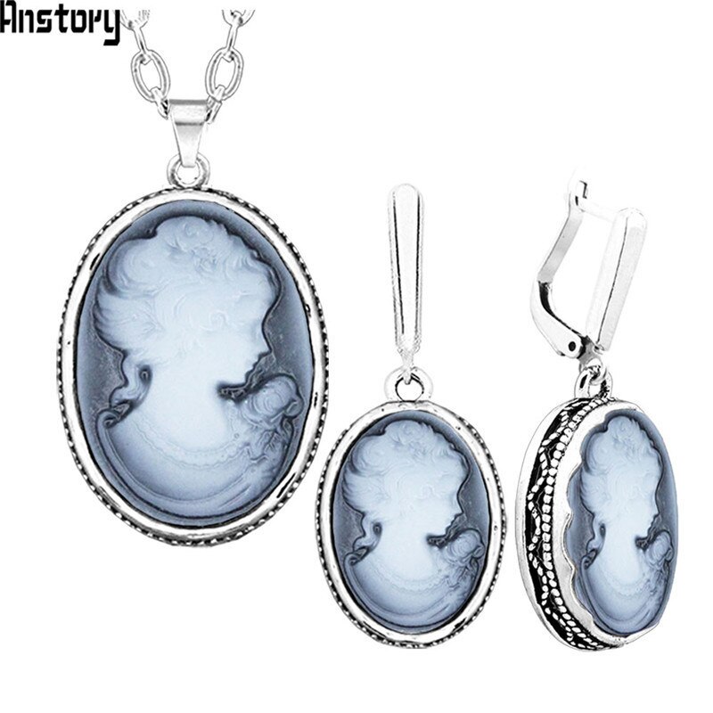 Lady Queen Cameo Jewelry Sets Vintage Necklace Earrings Jewelry Sets For Women Flower Pendant Party Sets