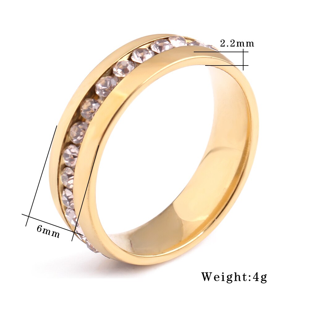 Couleur or acier inoxydable cristal canal bague taille 6 7 8 9 anneaux de mariage déclaration anneaux femmes