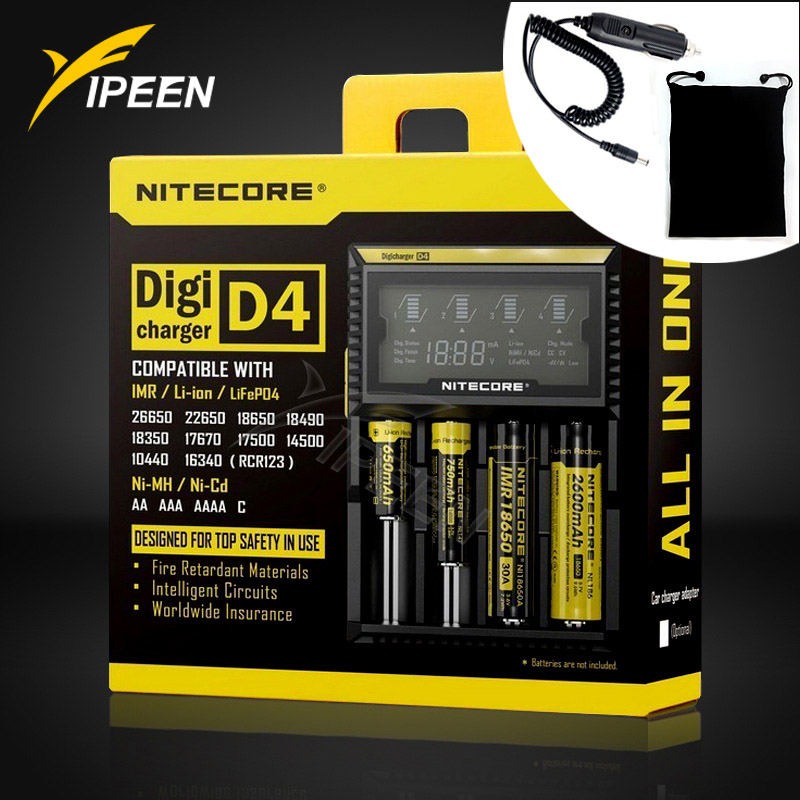 100% cargador de batería Original Nitecore D4 cargador inteligente LCD Li-ion 18650 14500 17670 18490 17500 AAA 12V cargador de batería: D4 car cable bag / US