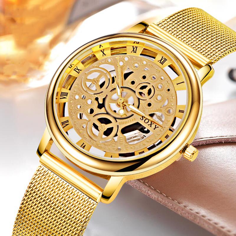 Kvinnor män klocka gravyr ihålig reloj hombre klänning kvarts armbandsur rostfritt stål band band kvinnor klocka relojes mujer