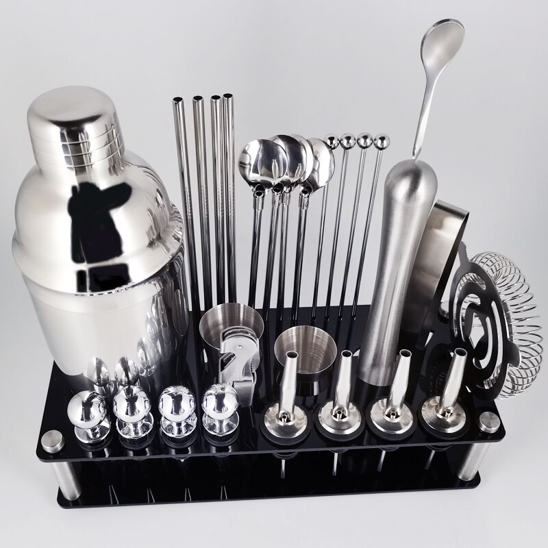 30Pcs/Set Bar Tools Wine Bottle Spoon Jigger Pourer Muddler Stopper Cocktail Shakers Boston Double Shaker With Black Stand