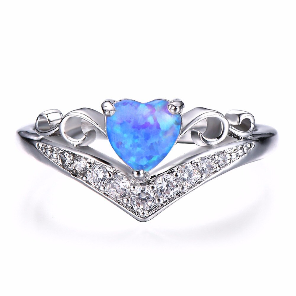 Luxury Women Sterling Silver 925 Crystal Wedding Rings White/Blue Fire Opal Heart Rings anillos