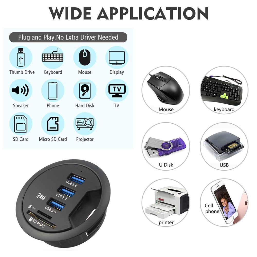 USB Desk Hub USB3.0 HUB With 3 Port USB3.0 TF/SD MCC Adapter For Desktop PC USB HUB Desk Mount USB 3.0 Splitter Cable lenth 80cm