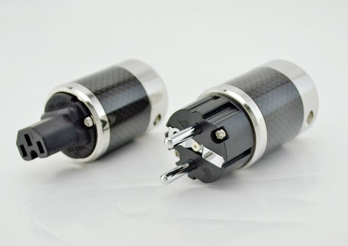Paire haut de gamme en Fiber de carbone plaqué Rhodium câble d'alimentation ca IEC connecteur femelle Hifi 2 broches EU EUR schuko prise de courant