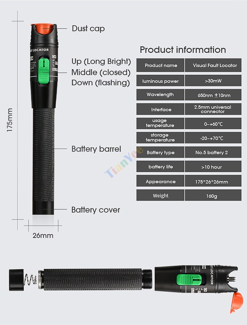 AUA7 FTTH Fiber Optic Tool Kit VFL Fiber Optical Power Meter 70～+10dbm and 1~30MW Visual Fault Locator Fiber optic test pen OPM