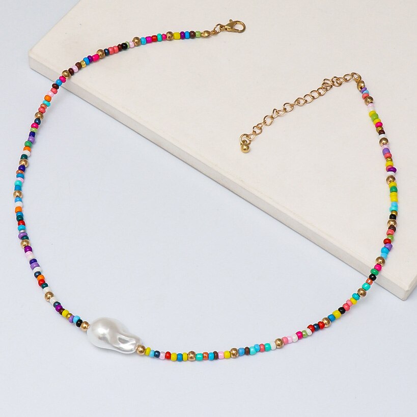 Collar bohemio de arcilla polimérica para mujer, gargantilla de perlas barrocas con cuentas amarillas, joyería hecha a mano para la playa: NA067-6