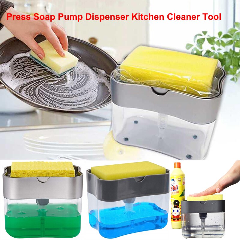 Zeepdispenser, zeeppomp, sponshouder, keuken, 2- in -1 handmatige pers, vloeibare zeepdispenser met sponshouder, reiniging