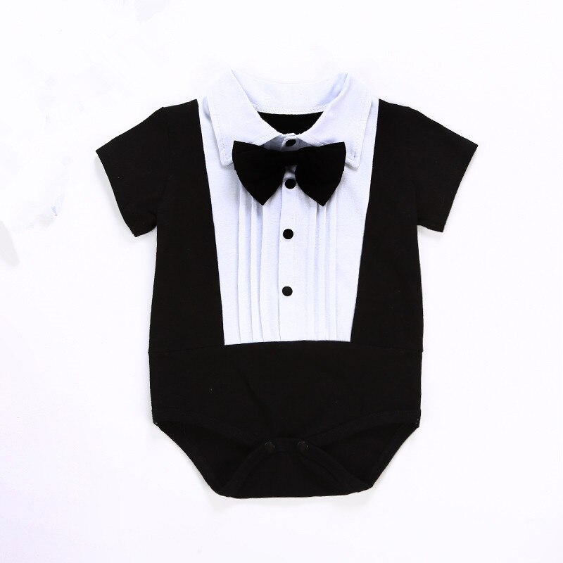3-18m zomer baby rompertjes patchwork baby jongenskleding zwarte stropdas korte mouwen jumpsuits kinderkostuum: Zwart / 3m