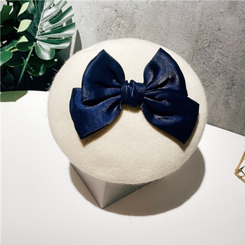 Béret en laine avec nœud papillon pour femme, chapeau avec motif de biscuits, de couleur unie, idéal pour l&#39;automne et l&#39;hiver: 01