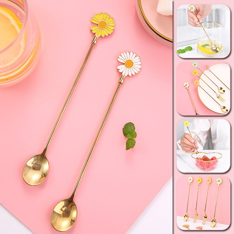 Cherry Blossom Daisy Pattern Spoon Fork Stainless Steel Thin Handle Tea Spoon Coffee Stirring Dessert Fork Tableware
