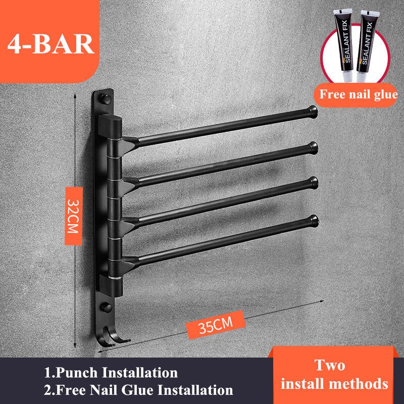 Aluminum Swing Out Towel Bar 2 3 4-Bar Self Adhesive Folding Arm Swivel Hanger Bathroom Storage Organizer Space Saving: 4 bar