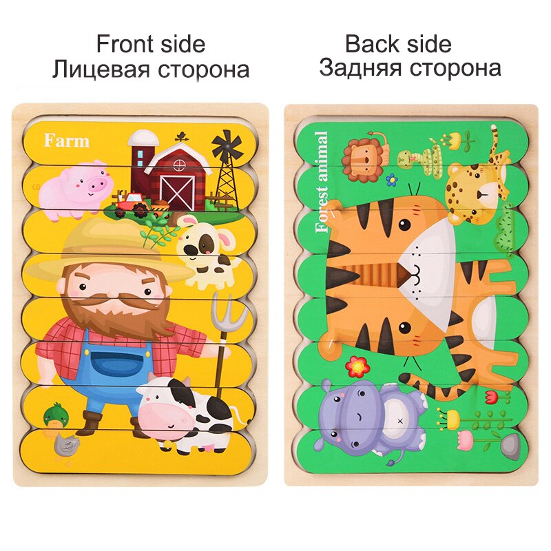 Dwustronna taśma dzieci 3D drewniane Puzzle Montessori zabawka Puzzle ze zwierzętami opowiadanie historii układanie układanki zabawki edukacyjne dla dzieci: WT256C