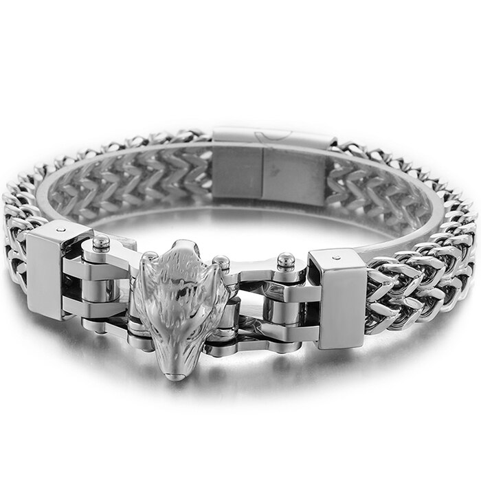 Edelstahl männer Armbänder Mit Wolf Köpfe 12MM Doppel Schicht Franco Link Curb Kette Armband Männer Punk Schmuck mit Tasche: Silver Color