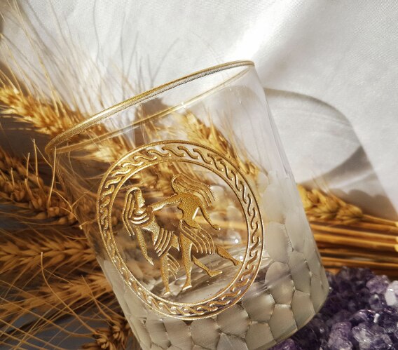 Pasabahce Water Decorative Shaped Gold Plated Side Whiskey Glass Gemini Sign Engraved
