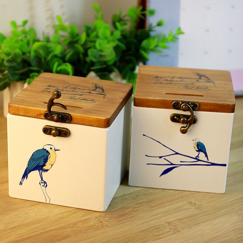 1 stks massief hout blauwe vogel creatieve hout opslag spaarpot besparingen opbergdoos