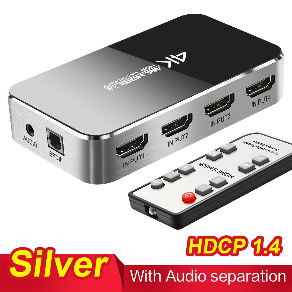 Hdmi Switch 2.0 4K 60Hz Hdr Hdmi Splitter Schakelaar 4 In 1 Out Hdmi Switcher Audio Extractor Arc & Ir Control Voor PS3 PS4 Hdtv: With audio-Silver