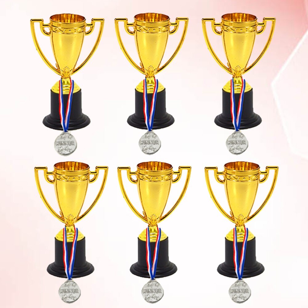12pcs Mini Gold Cups Trophy and Award Medals Prizes Small Medals Awards Trophy Toys for Students Sport(6pcs Trophie: Golden
