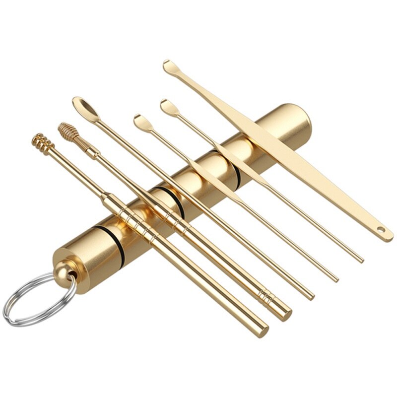 6Pcs Oor Lepel, Schoon Remover Oor Pick Rvs Oor Cleaner Tool Oorsmeer Remover Earpick Set Gezondheidszorg: Goud