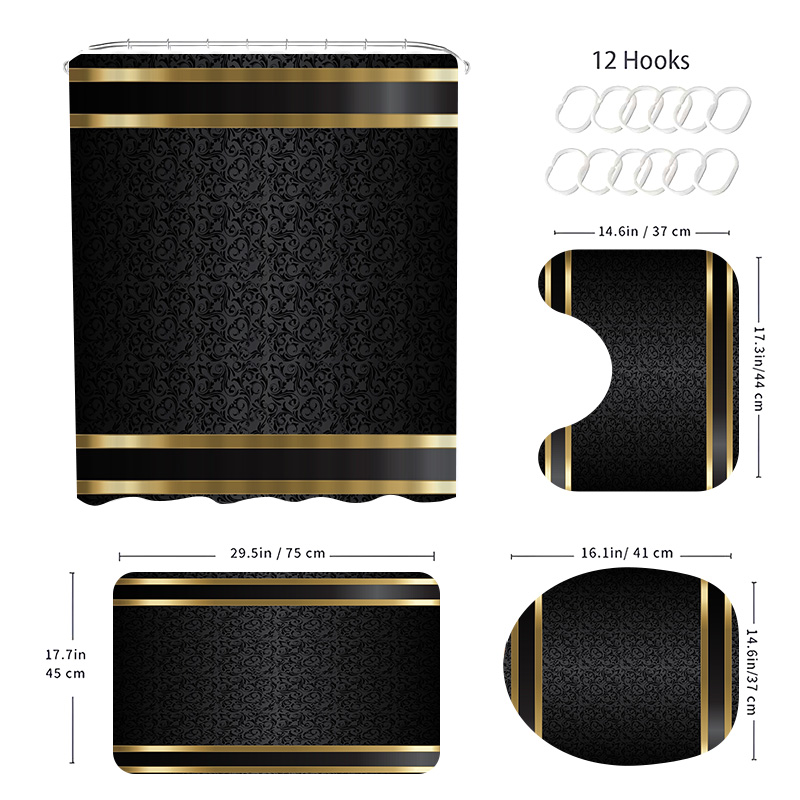 Juego de baño de lujo negro y dorado: cortina de ducha, alfombrillas de baño antideslizantes y cubierta de inodoro, decoración moderna (4 piezas): 150 x 180 cm