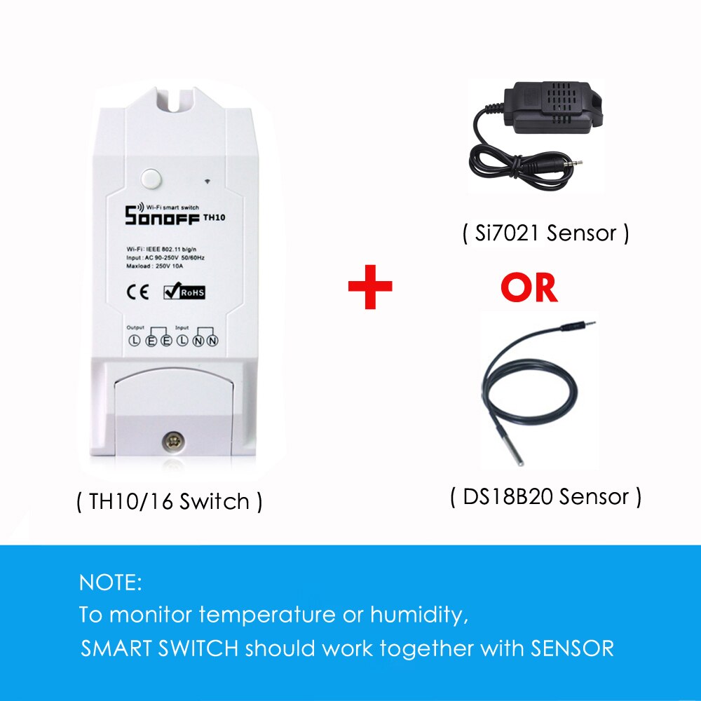 Sonoff-interruptor inteligente TH16 TH10 con Wifi, 16A, 10A, Sensor de monitoreo de temperatura y humedad, Automatización del hogar inteligente