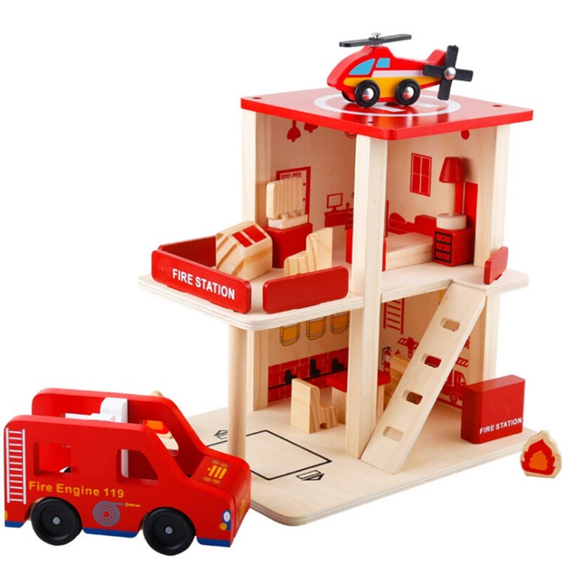 I bambini della Casa del Gioco di Ruolo di Simulazione FAI DA TE Capanna Stazione di Polizia Fire Station Ufficio Postale Giocattolo Di Legno: Red