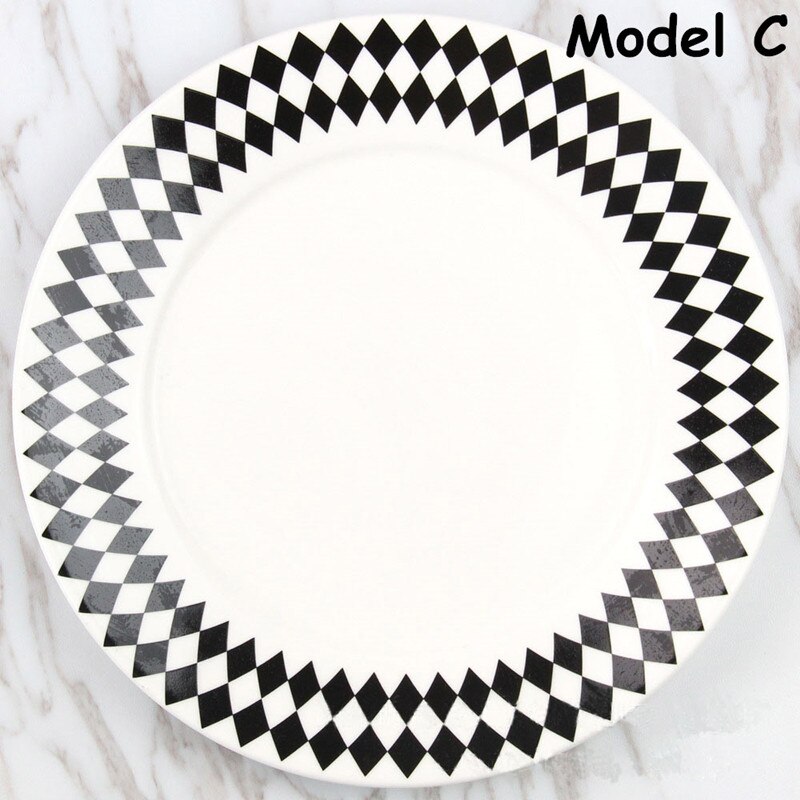 Assiette plate à figures géométriques, style simple, plat à salade, plateau à nourriture en céramique, assiette à pâtes, vaisselle, plat à petit-déjeuner, noir et blanc: Modèle c