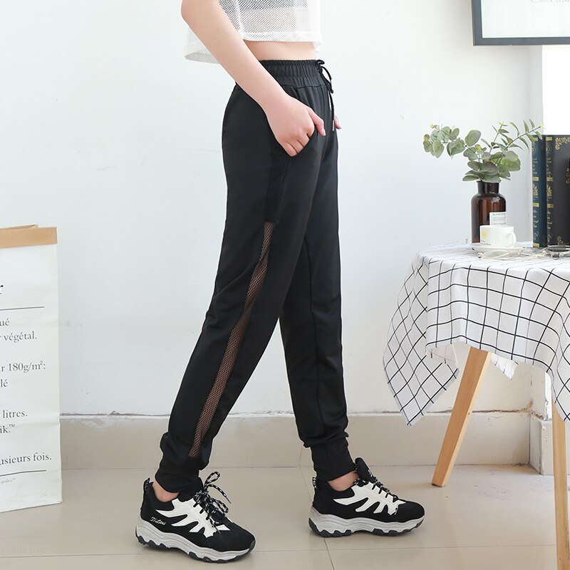 Women High Elastic Waist Running Pants Side Mesh Striped Patchwork Breathable Korean Style Sport Jogging Small Leg Open Trousers