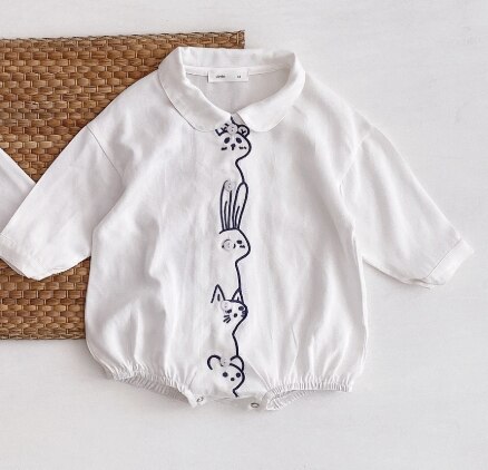 Automne bébé garçons et filles mignon broderie à manches longues body style japonais blanc coton combinaisons décontracté: animal / 6M (tag size 73cm)