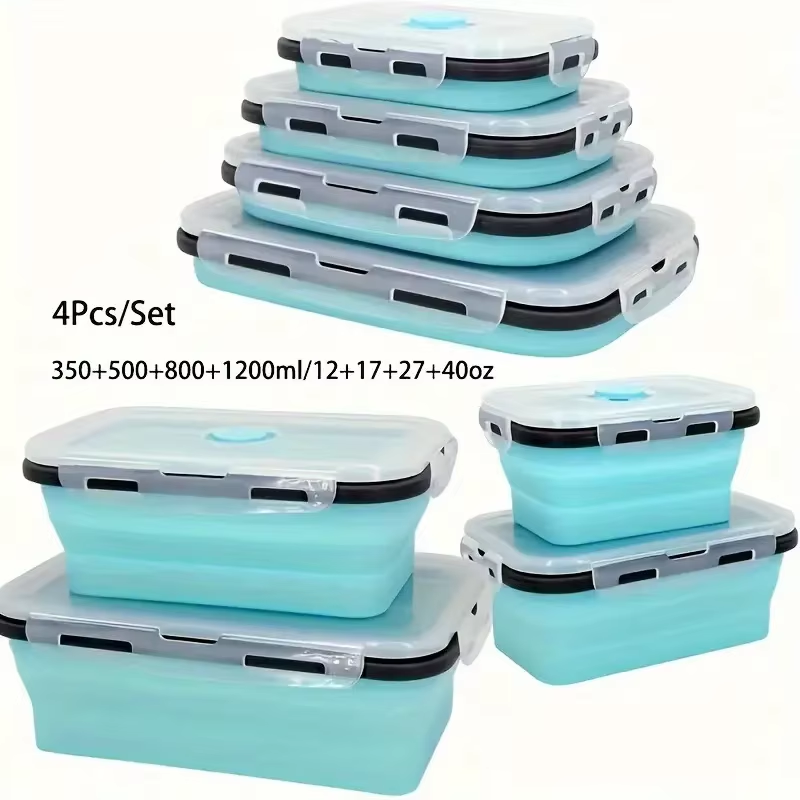 4 Pack Silicon Lunch Box Flat Stacks Collapsible Food Storage Containers With Lids Leftover Meal Box For Kitchen BPA Free