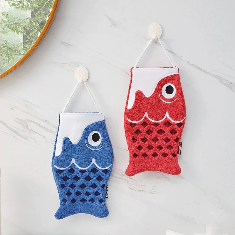Toalla de mano colgante con forma de Koi de dibujos animados para el hogar, baño, pañuelo súper absorbente para niños, toalla de mano cuadrada para cocina