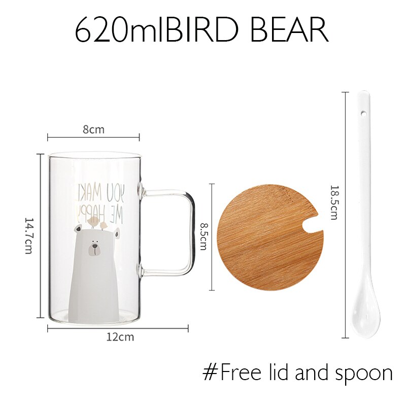 Taza de cristal creativa para el desayuno, taza de café o té con mango transparente, con cubierta, para el hogar y la Oficina: BIRO BEAR