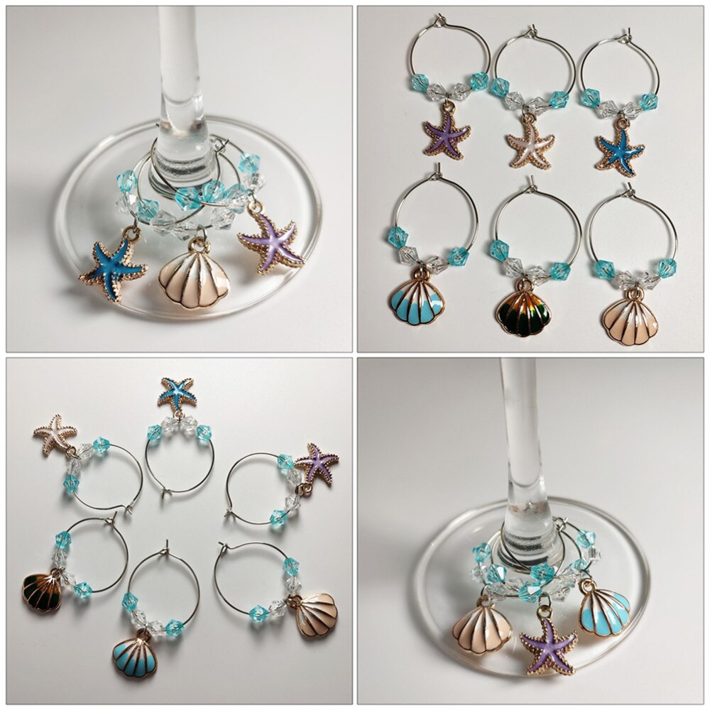 6Pcs Shell Hanger Glas Ringen Identificeren Label Ring Oceaan Stijl Glas Marker