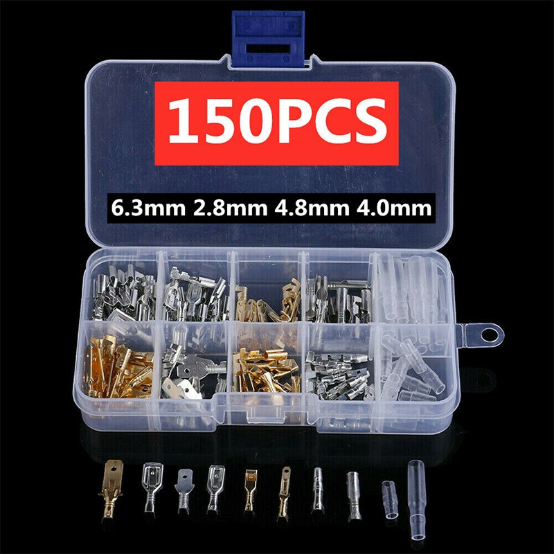 150-Piece Crimp Connector Kit – 2.8/4.8/6.3mm Male & Female Spade, Ring & Fork Terminals – 16 Types, Insulated, Tinned Copper