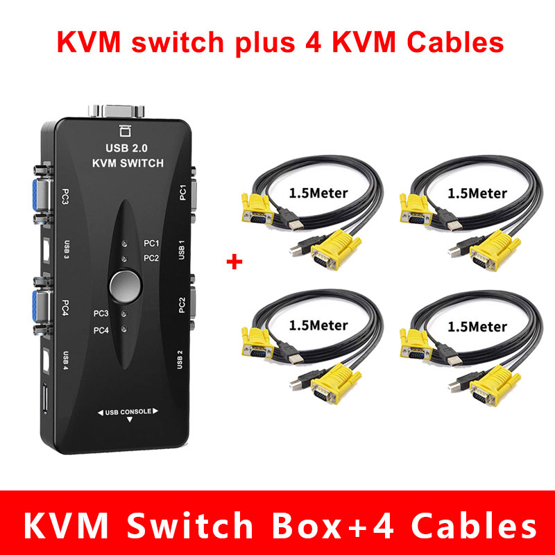 Original KVM Switch Box 4 Port 4K Support 1920*1440 Resolution USB VGA Splitter PC Display Selector For Games and DVR monitor: 4Port Plus Cables