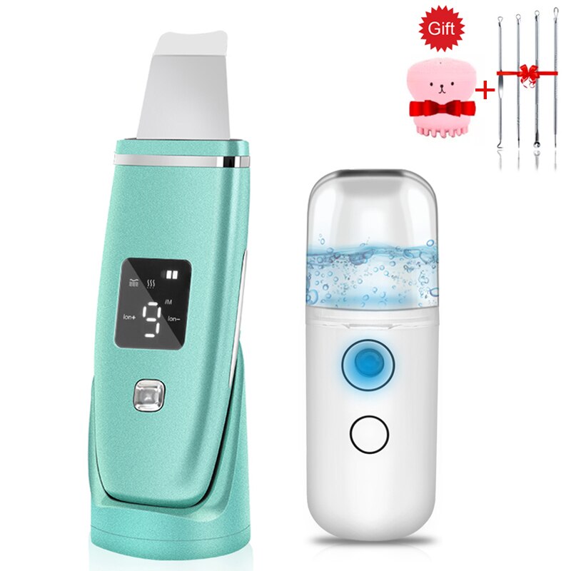 Lcd ultrasone huidreiniger en usb gezichtsstomer luchtbevochtiger diepe facelift reinigingsmachine peeling schep gezicht poriën reinigen: Groene kit zonder doos