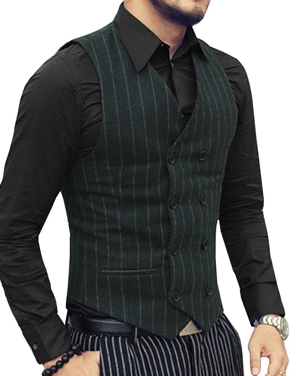 Mens Casual Suit Vest V Neck Notch Army Green Waistcoat Casual Formal Double-breasted Business Vest Groomman For Wedding Vest